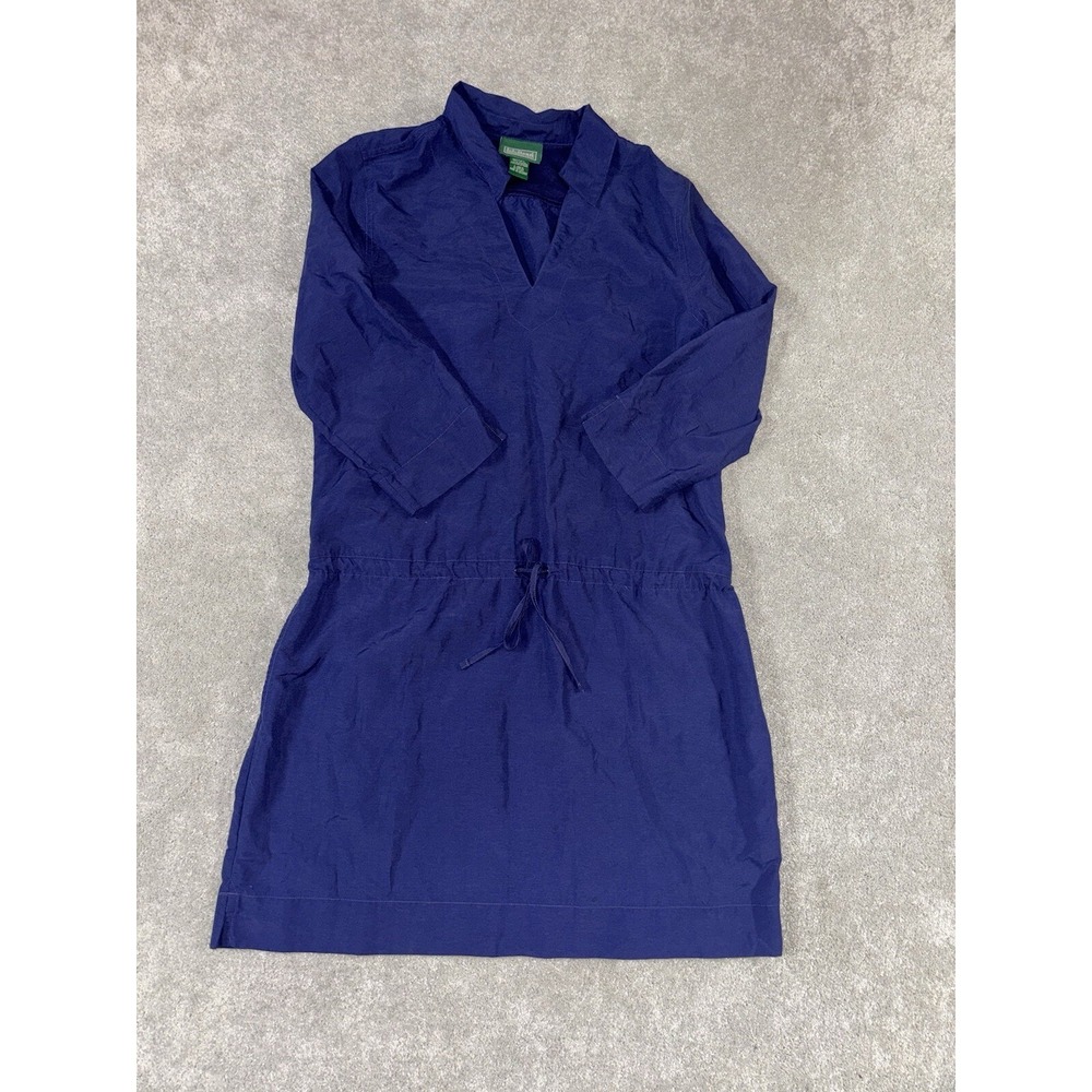 LL Bean Dress Dk Blue With Tie Waist Size L Pockets Tie Waist Collar